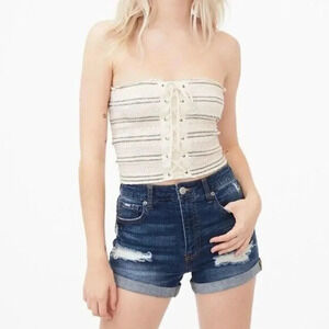 Aeropostale White Stripe Lace Up Smocked Strapless Crop Top M
